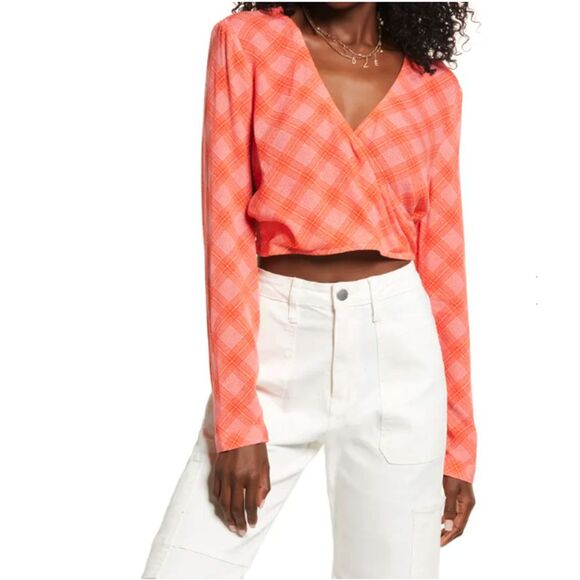 BP. Surplice V-Neck Crop Top Pink Red Plaid Faux Wrap Size XXS - Picture 1 of 10